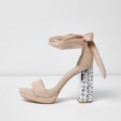 Nude embellished tie up platform heels